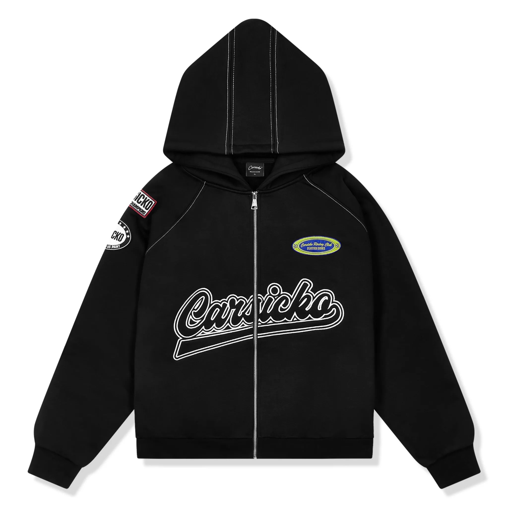 Front view of Carsicko Racing Club Zip-Up Black Hoodie